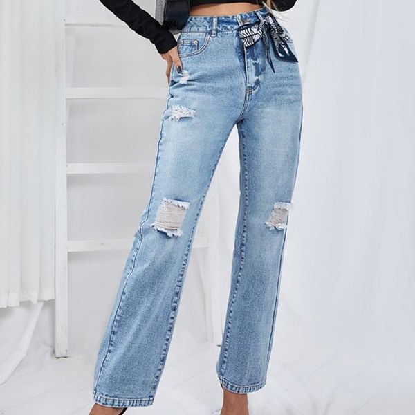 

women's jeans chic loose gradient color wide leg summer 2021 hole straight high waist denim pants plus size streetwear trouser, Blue