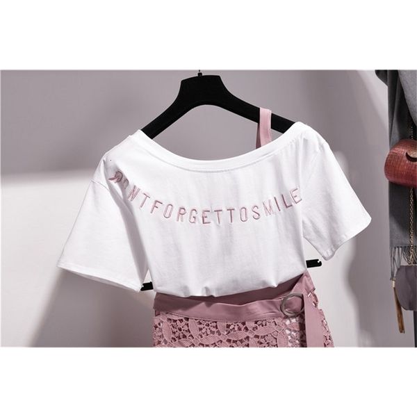 

two piece dress 2021 spring and summer fashion women's 2-piece set with diagonal collar shoulder long sleeve t-shirt hollow lace skirt, White