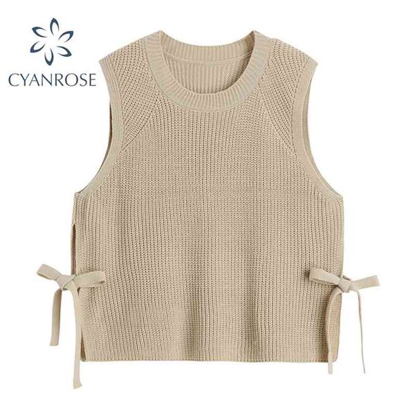 

side lace-up knitted vest stylish solid korean crewneck pullover waistcoat female elegant casual ins leeveless sweater 210430, Black;white