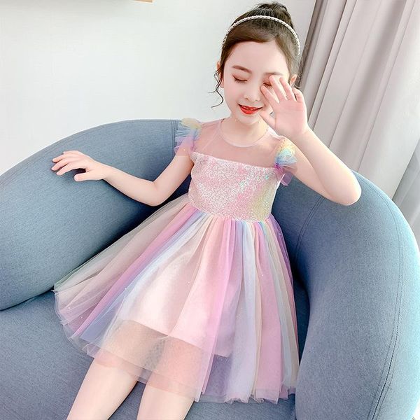 

rainbow color girls dresses sequins children for sleeveless mini summer dress mesh princess clothes costume 2021 girl's, Red;yellow