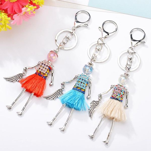 

keychains fashion 1pc rhinestone tassels skirt doll pendant key chains ethnic girl rings for women bag car accessory, Silver