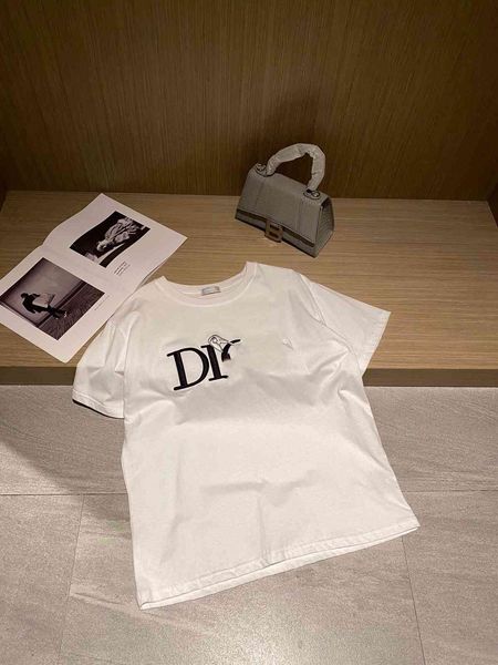 

shirt 21 summer korean women's brand dijia letter embroidery round neck casual couple's short sleeve, White