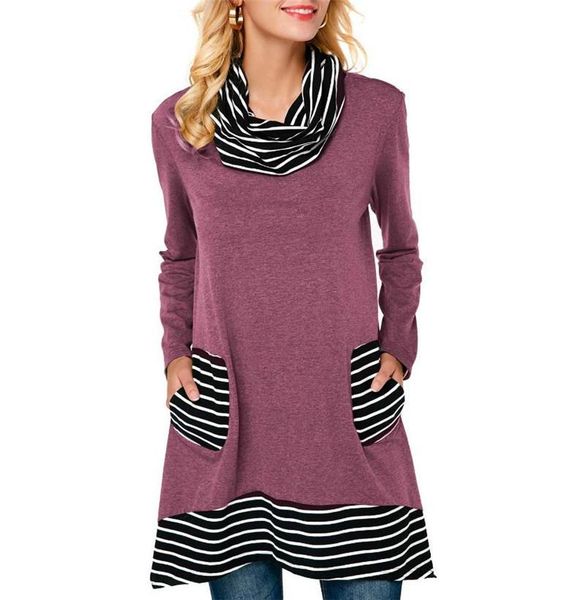 

women's t-shirt long sleeve high neck medium length stripe contrast fashion casual personalized versatile bott, White