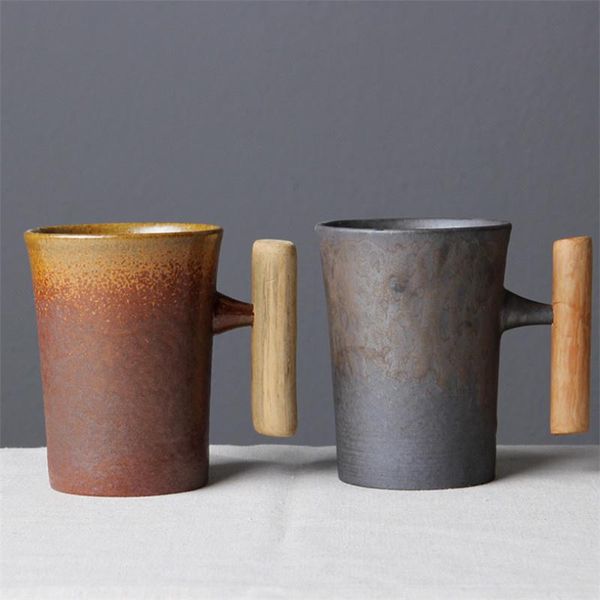 

mugs retro japanese-style crude ceramic coffee mug tumbler rust glaze with wooden handgrip tea beer water cup home office drinkware