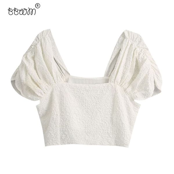 

women fashion textured ruched puff sleeves cropped blouses vintage square collar backless shirts girls chic 210520, White