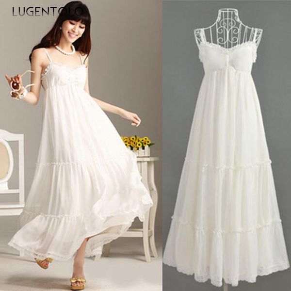 

casual dresses women dress bohemian lace spaghetti strap chiffon sleeveless white a-line loose holiday beach lugentolo, Black;gray