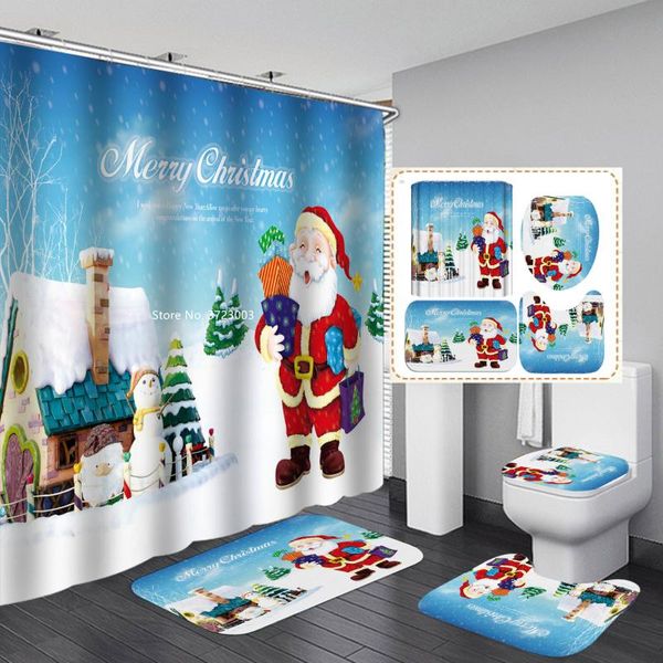 

fashion santa claus print shower curtain bathroom non-slip floor mat toilet waterproof non-perforated curtains