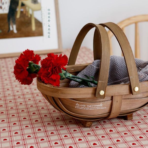 

hooks & rails japanese-style fruit picnic basket, bread flower arrangement carbonized old decorative handle basket