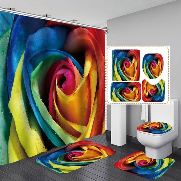 

colorful rose bathroom curtains sets beautiful flowers print polyester shower curtain toilet cover mat non-slip bath rug set
