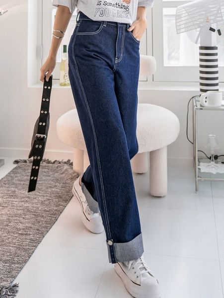 

dazy high waist stitching roll up hem wide leg jeans h1zx#, Blue