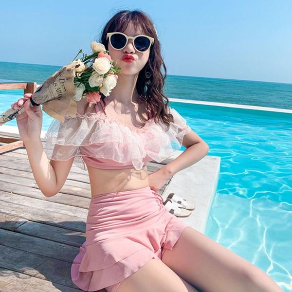 

spring and summer beach pink fresh thin half-length skirt-style boxer split swimsuit women's two-piece suit one-piece suits
