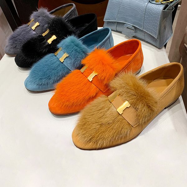 

low heel cashmere womens dress shoes classic h buckle decoration fashion mink hair flat loafers genuine leather round head luxury designer w, Black