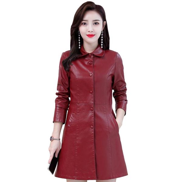 

women's leather & faux autumn winter coat women plus size 6xl long pu jacket cotton sheepskin trench windbreaker, Black