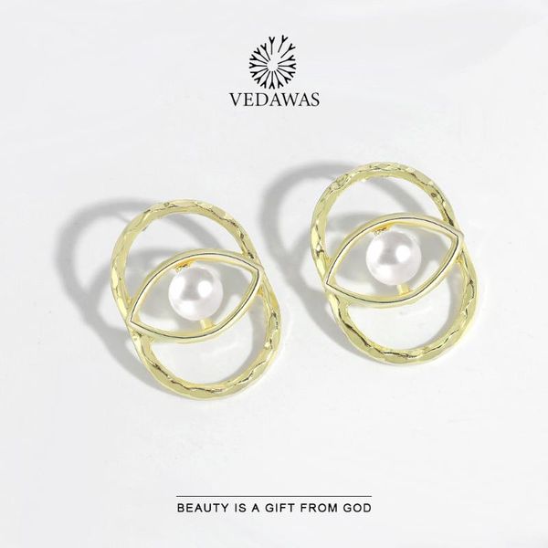 

vedawas pearl stud earrings for women charm korean earring 2021 gothic accessories angel eyes gold color copper jewelry gift, Golden;silver
