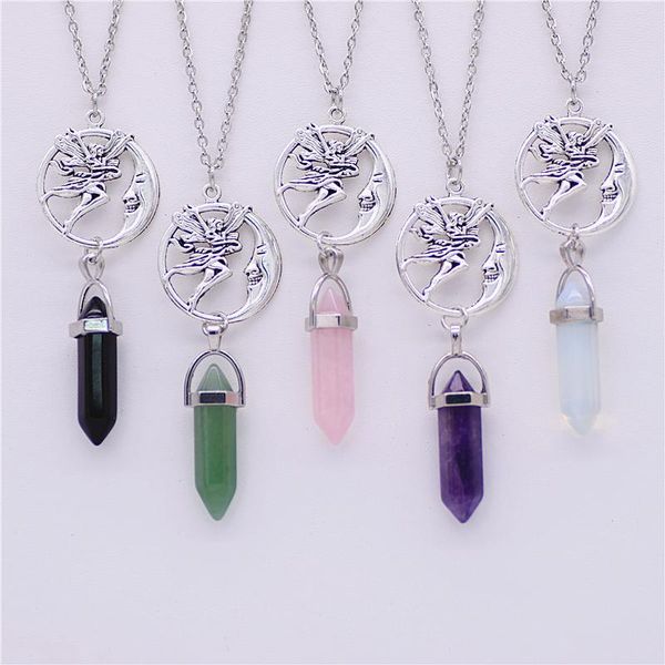 

pendant necklaces hexagonal column natural stone fairy moon crystal chain choker necklace for women fashion jewelry, Silver