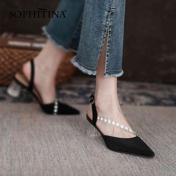 

sophitina women sandals retro crystal heel back strap leather sandals pointed toe all-match casual lady shoes ao886 210513, Black
