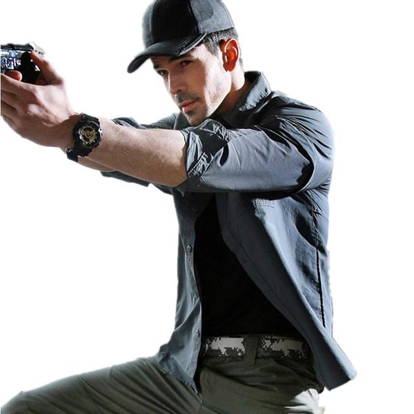 

men's casual shirts 2021 army summer tactical shirt quick dry removable long sleeve breathable uv protection military style male, White;black