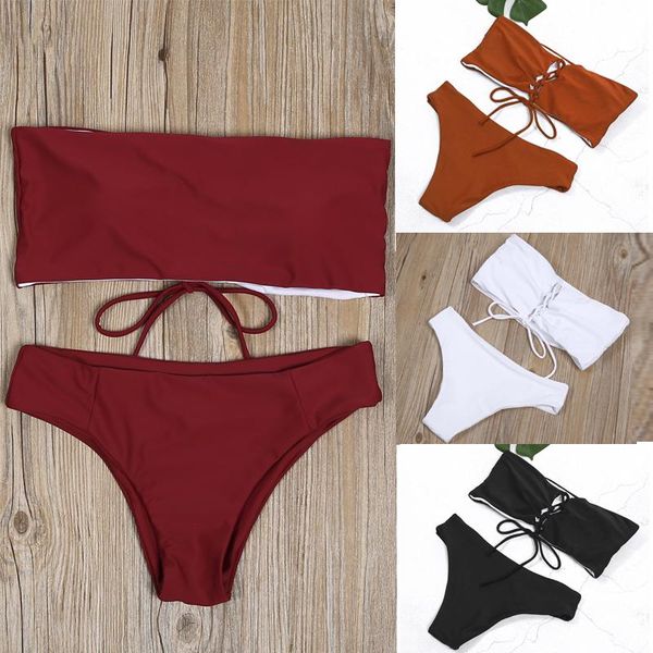 

one-piece suits bandage bikini set women strapless plain summer swimwear push-up bra bathing suit swimsuit lace up low waist