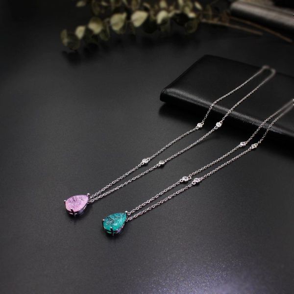 

chains crystal glass fusion stone water drop pendant necklaces with milky green or pink cubic zirconia fashion jewelry for women gifts, Silver