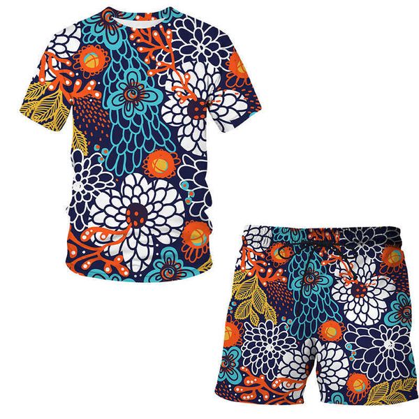 2021 nova moda quente shorts clássico flor 3d verão t-shirt dos desenhos animados terno homem / mulher legal roupas hip hop manga curta conjuntos x0909
