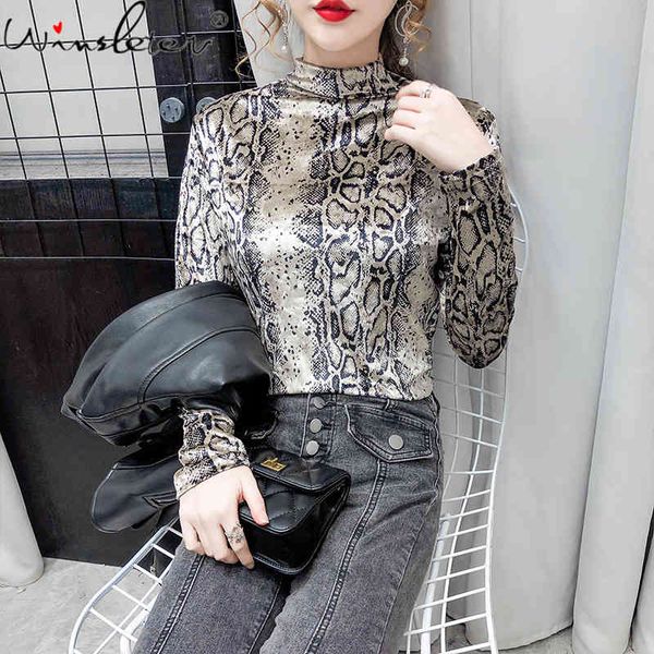 

women's t-shirt spring fall european style girls fashion turtleneck veet print leopard women long sleeve tees 2021 t1230, White