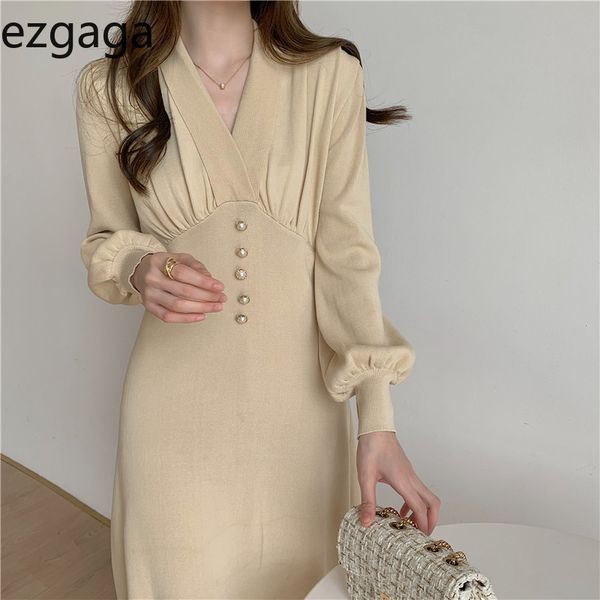 

ezgaga office lady elegant dress women korean fashion v-neck long puff sleeve spring high waist knit dresses vestidos 210430, Black;gray