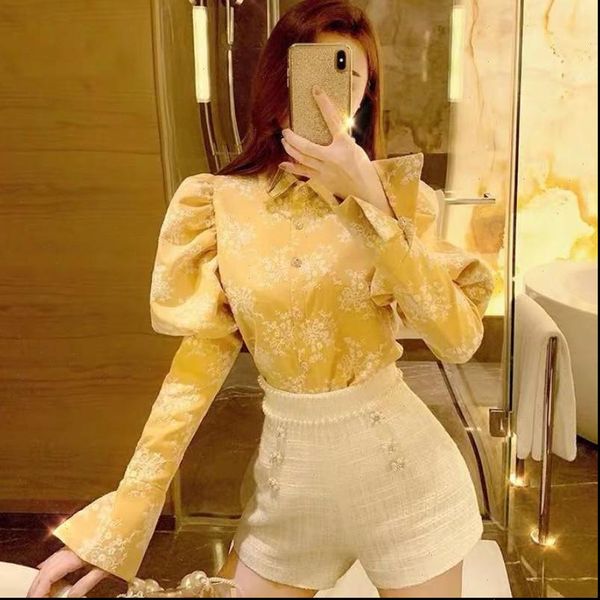 

mesh embroidery women shirts womens blouse long puff sleeve turn down collar female spring elegant fashion ladies ol style, White