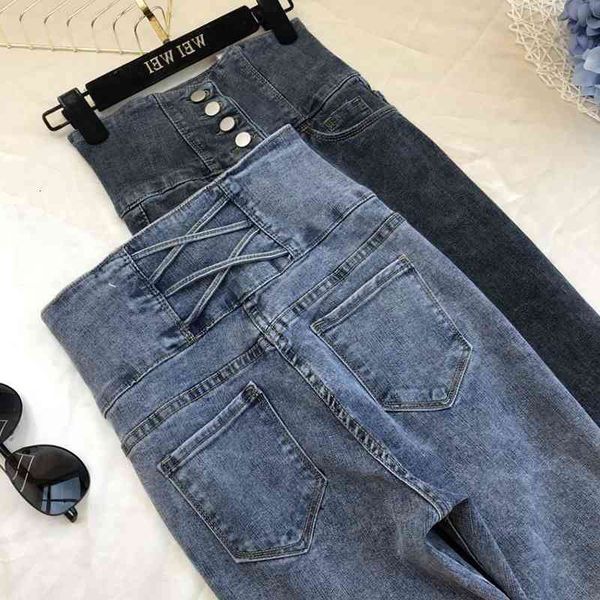 

women's jeans spring arrival unique vintage breasted women's brim pants high elastic waist ankle-length pencil yl1s, Blue