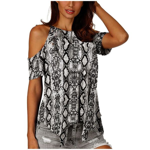 

women's blouses & shirts vintage snake print tshirt women summer t shirt 2021 o neck cold shoulder short sleeve tee streetwear camiset, White