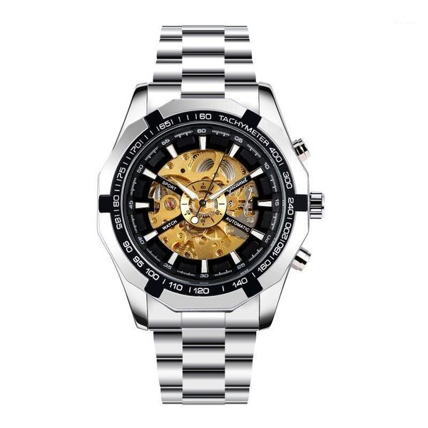 

men mechanical wristwatch fashion luxury stainless steel watch brand shockproof watches gifts for reloj hombre wristwatches, Slivery;brown
