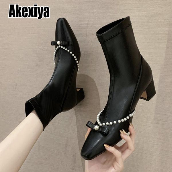 

boots 2021 winter luxury women pearl square toe ankle low heels black apricot club shoes p684
