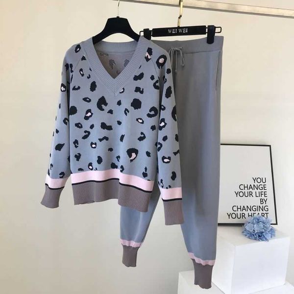 

women's two piece pants spring autumn knitted tracksuits 2 sets costume v neck leopard pullover sweater pencil suits m9lk, White