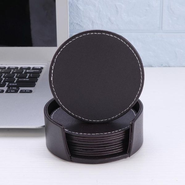 

mats & pads pu leather set with holder round heat insulation cup mat drink coasters for home and kitchen (coffee color 6