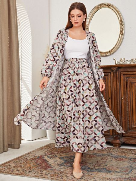 

geo print lantern sleeve coat & high waist skirt o0io#, White
