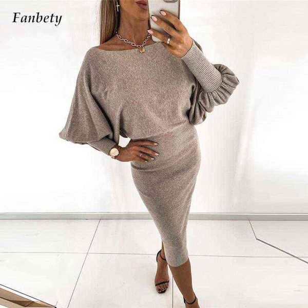 

2021 new autumn elegant slim chic party dress office lady solid lantern long sleeved dress women casual o-neck knitted dresses y1204, Black;gray