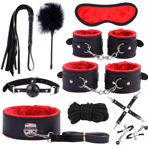 Exotische Produkte für Erwachsene Spiele Leder Bondage BDSM Kits Handschellen Spielzeug Peitsche Gag Schwanz Plug Frauen Sex BD SM Zubehör