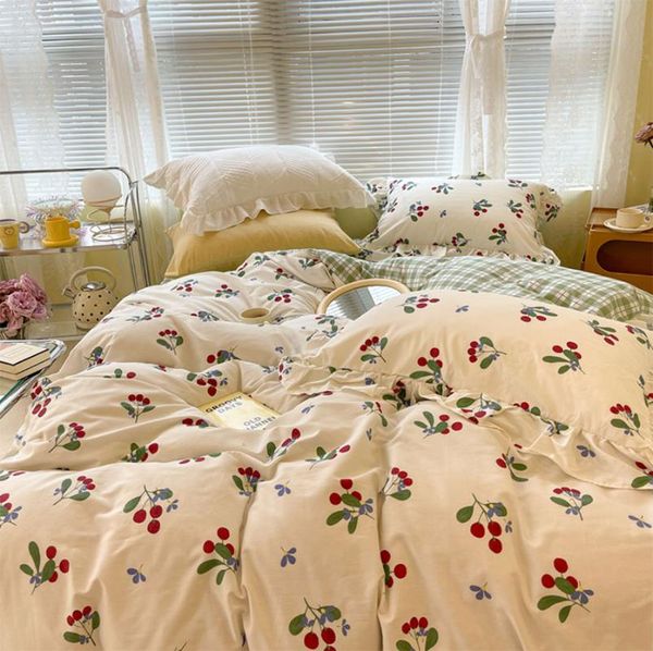 

bedding sets fashion cute cherry green set girl,pastoral plaid cotton twin full  home textile bed sheet pillow case duvet cover