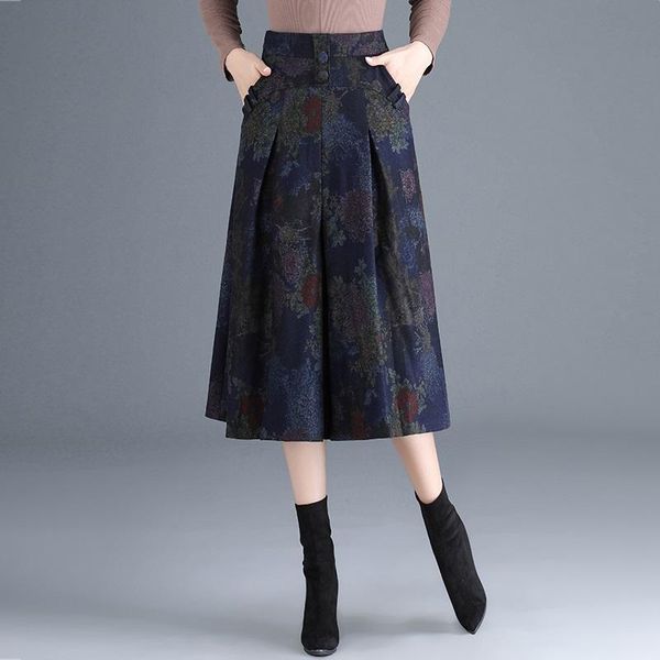 

skirts winter fall vintage womens high waisted wine red purple blue foral printed woolen skirt , pleated casual wool for women, Black