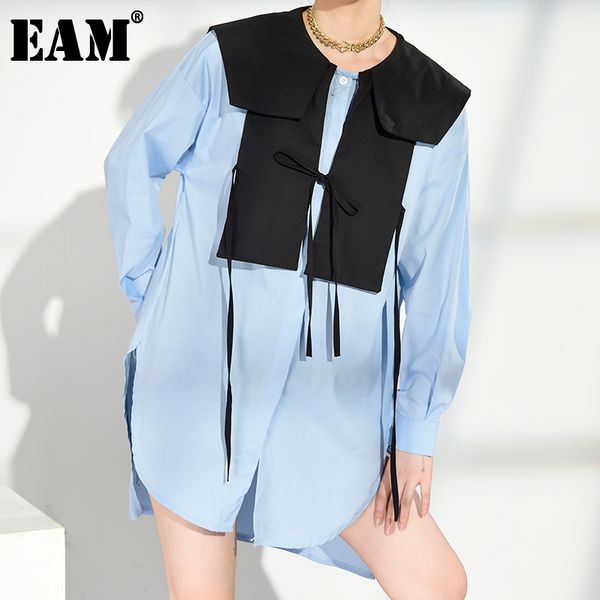

[eam] women blue big size irregular blouse round neck long sleeve loose fit shirt fashion spring autumn 1x74005 21512, White