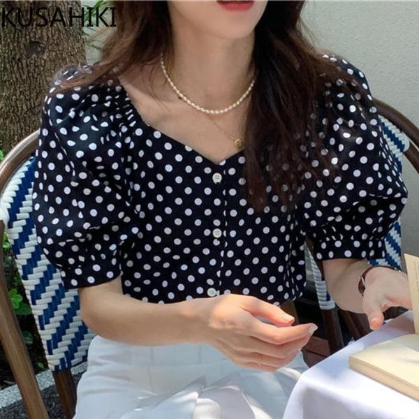

women's blouses & shirts kusahiki korean dot blouse shirt causal puff sleeve square collar womens fashion blusas de mujer 2021 6j919, White