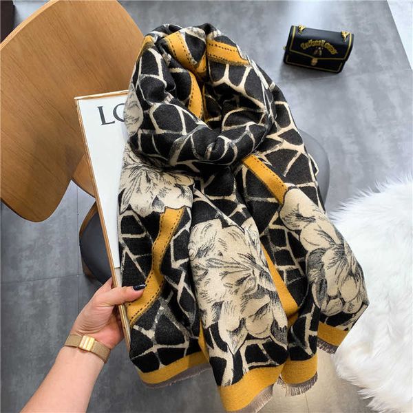 

air conditioning room large shawl autumn winter women's dual-purpose gift flowers double-sided versatile thickened cashmere scarf, Blue;gray