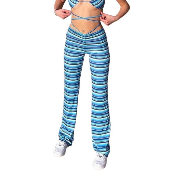 

women's pants & capris women straight leg bohemian striped print high waist criss cross bandage causal long summer street, Black;white