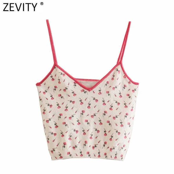 Zevity Women Sweet Floral Jacquard lavorato a maglia con cinturino per spaghetti Chic Camis Tank Ladies Summer Sling Short Slim Tops SW720 210603