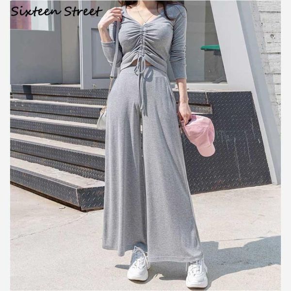 

women's two piece pants matching sets baggy pant v neck knitting wide legged women clothing high waist casual solid full length, White