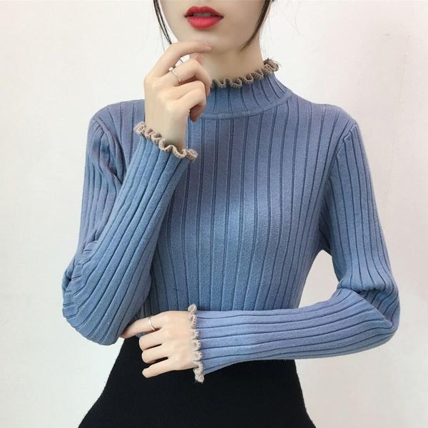 

women's sweaters 2021 korean fashion women and pullovers mujer ruffle sleeve turtleneck solid slim elastic knitted, White;black