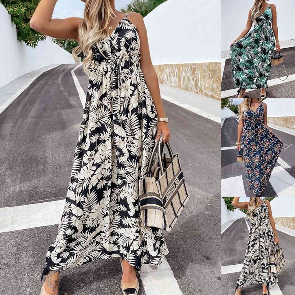 

women's dresses 2021 fashion casual printing suspender long skirt, Black;gray