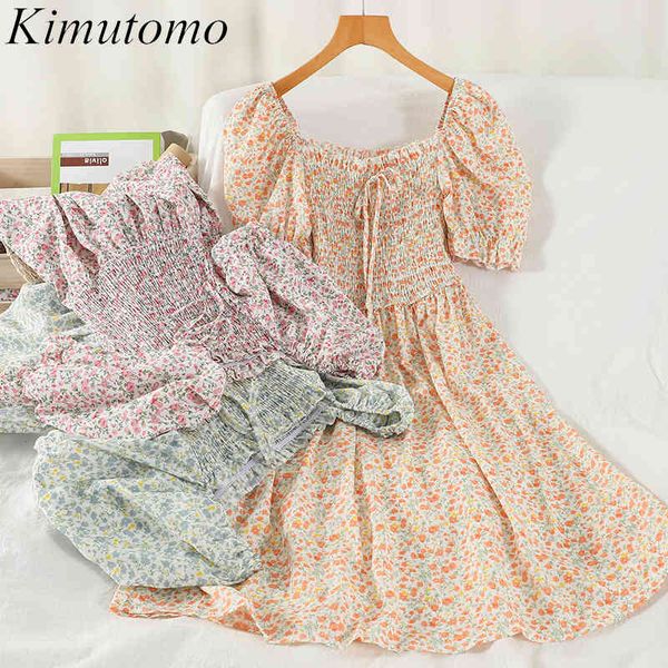 

kimutomo floral print dress sweet female summer fashion square collar short puff sleeve bow lace up high waist mini vestidos 210521, Black;gray