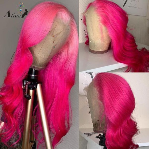 

lace wigs ombre pink red loose body wave front wig full hd transparent deep 30 inch remy human hair pre plucked 250, Black;brown
