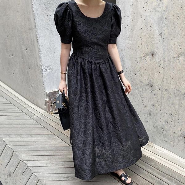

party dresses summer french retro vestidos women's round neck jacquard micro-transparent waist and thin puff sleeve midi dress dk988, White;black