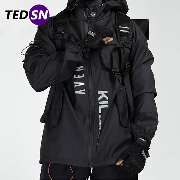 

2021 winter stylish men's black street trench techwear waterproof multi-pocket letter printed windbreaker ets coat clothing